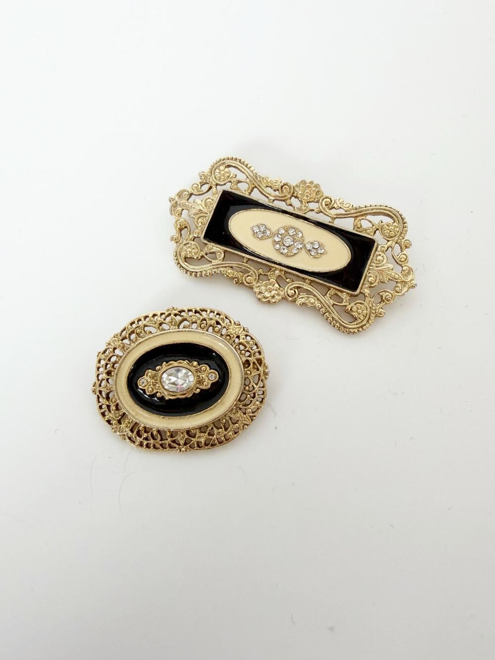 Victorian Revival Costume Jewelry Brooches Pins Black Gold Oval and Rectangle